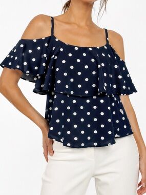 BOBEAU Navy Blue & Cream Polka Dot Cold-Shoulder Top Ruffle Blouse